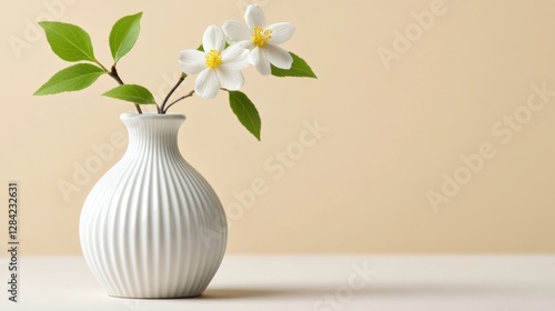 Wallpaper Mural White Flowers and Green Leaves in a White Vase on Neutral Background Torontodigital.ca