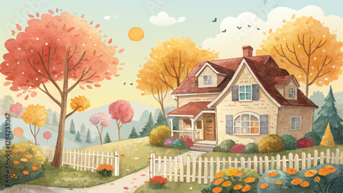 Watercolor hand-painted house background, charming family home surrounded by bright trees and a sunny sky, warm hues creating comfort and belonging, with copy space  
