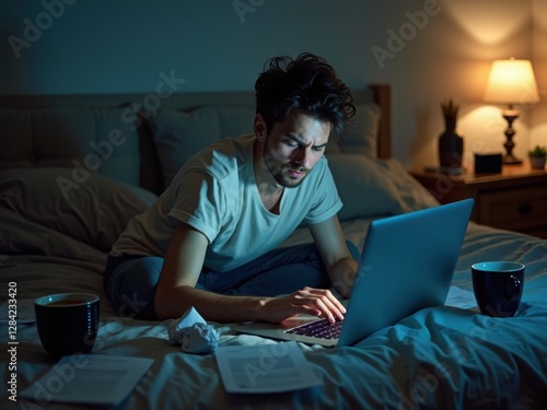 Un hombre desaliñado encorvado sobre una computadora portátil con los hombros hacia adelante, la espalda baja curvada y el cuello tenso, mostrando signos claros de dolor de espalda
 photo