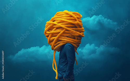 Overthinking and Stress Concept: Anxiety, Self-Doubt, Mental Exhaustion, and Emotional Overload, Businessman with Tangled Thoughts and Overwhelmed Mind