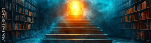 Bookshelves Lined with Knowledge Leading to Stairway to an Illuminated Portal of Wisdom and Truth