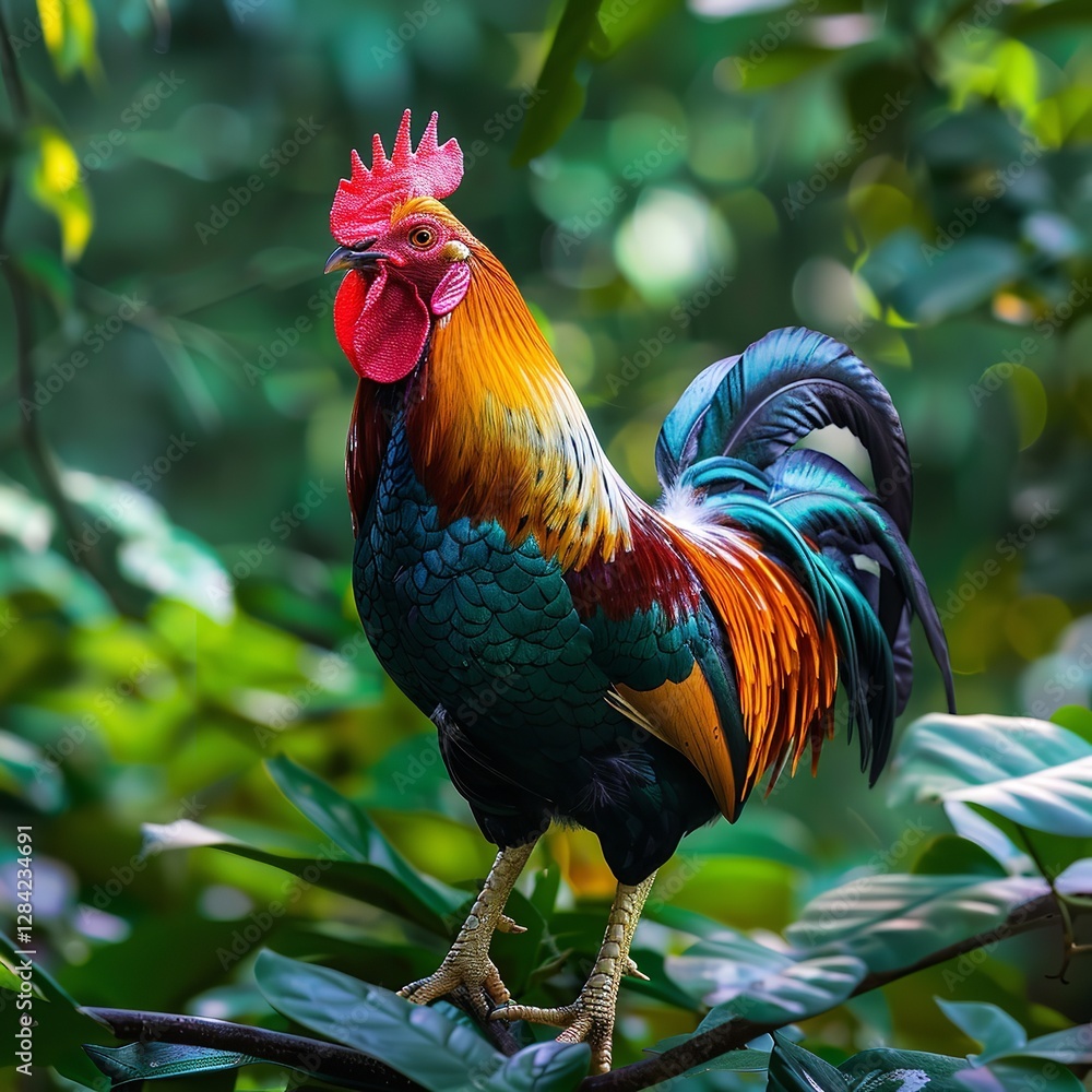 Fototapeta premium Rich greenery, vibrant roosters, intricately colored feathers, and a magnificent farm bird in its natural habitat, Generative AI.