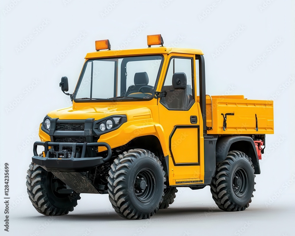 Rugged ATV with snow plow attachment, isolated, versatile offroad utility Rugged ATV with snow plow attachment, isolated, versatile offroad utility