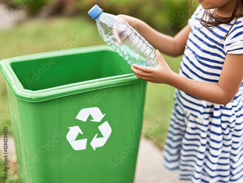 Wallpaper Mural Close-up of child recycling plastic bottles in outdoor park for eco awareness Torontodigital.ca
