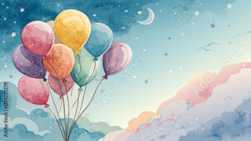 Watercolor balloons background, floating balloons in bright colors against a dreamy sky, symbolizing celebration and joy, uplifting and festive mood, with copy space  