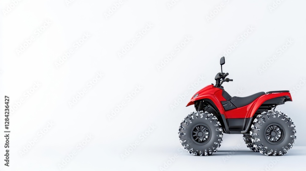Compact utility quad bike with snow chains, isolated, winterready power Compact utility quad bike with snow chains, isolated, winterready power