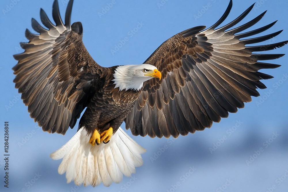 Obraz premium Bald eagle soars in clear sky, wings spread, for wildlife or nature use