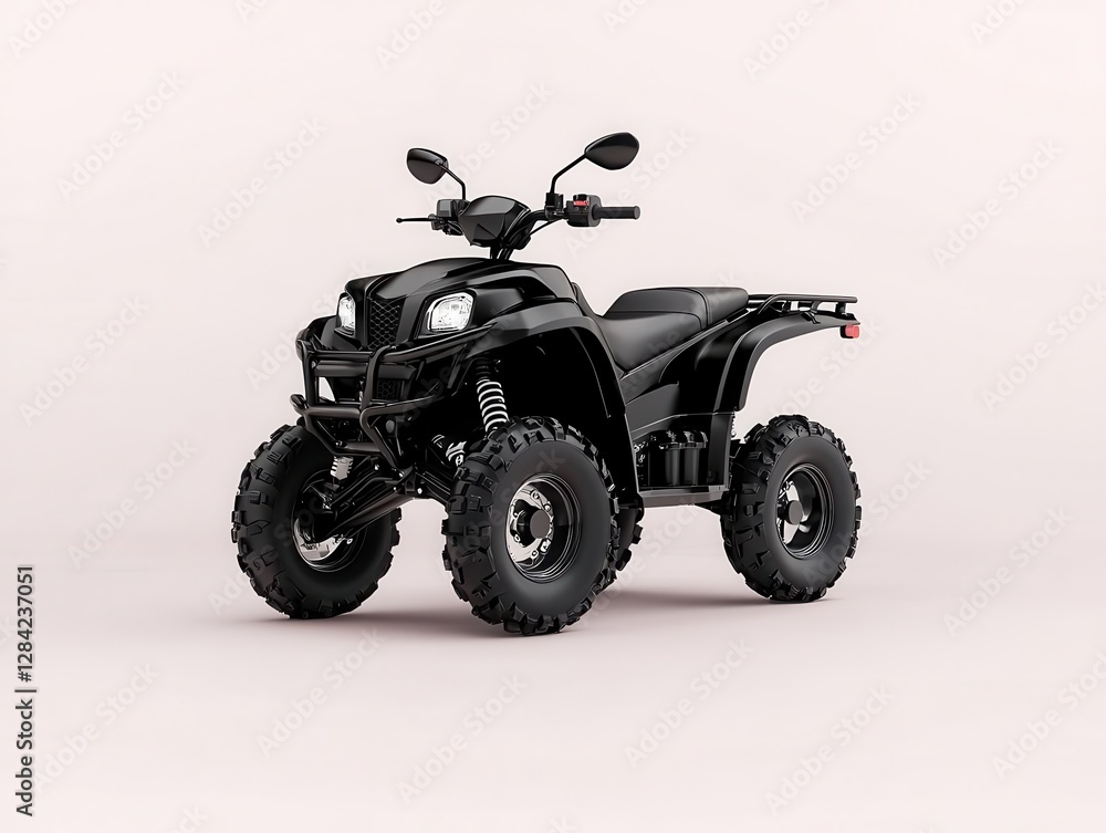 Matte black utility quad bike with front winch, isolated, heavyduty performance Matte black utility quad bike with front winch, isolated, heavyduty performance