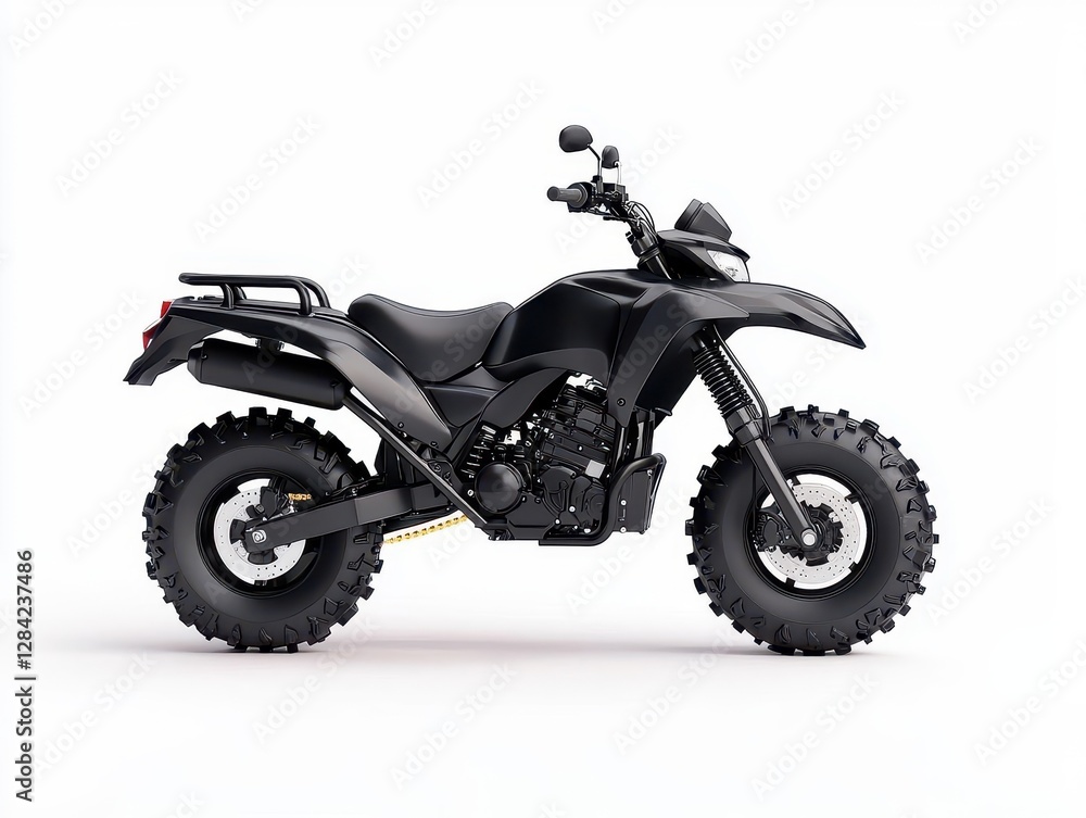Matte black utility quad bike with front winch, isolated, heavyduty performance Matte black utility quad bike with front winch, isolated, heavyduty performance