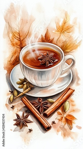 A watercolor illustration of a steaming cup of chai tea with star anise, cinnamon sticks, cardamom, and cloves, surrounded by warm autumn leaves