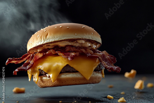 Flying cheeseburger with bacon and melted cheese on a dark background photo