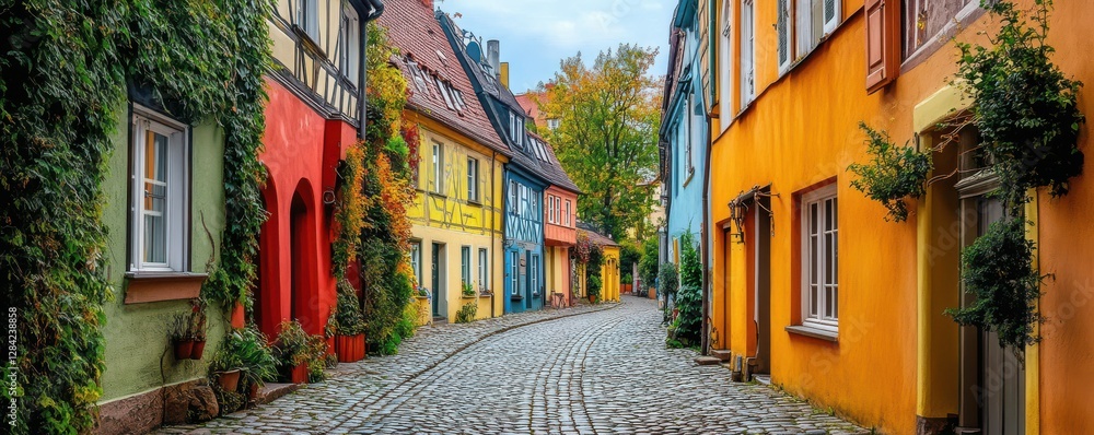 Fototapeta premium Charming colorful european village street with cobblestone and vibrant houses