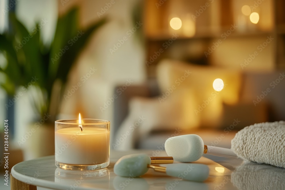 Serene Spa Setting with Candle and Facial Rollers for Relaxation Serene Spa Setting with Candle and Facial Rollers for Relaxation