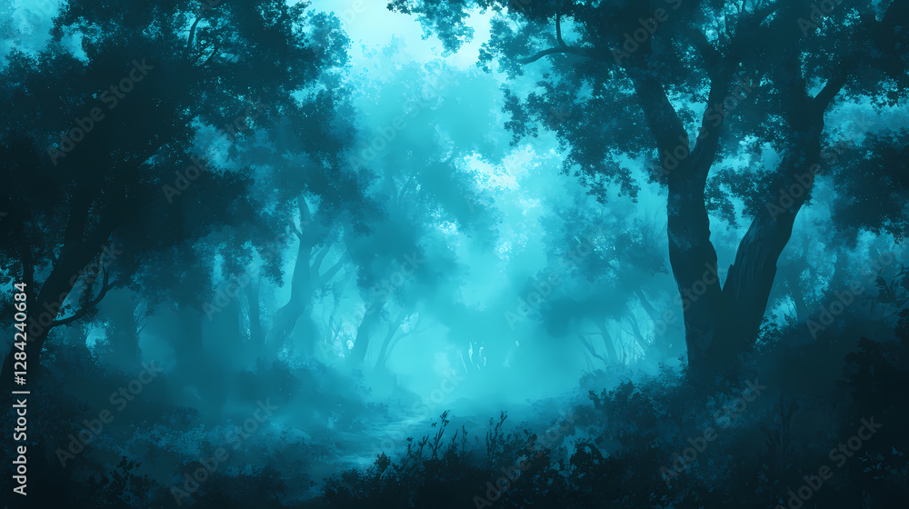 Fototapeta premium Mysterious foggy forest with a magical blue glow illuminating the trees. magical forest whispers. illustration. Misty Forest of Whispers. Illustration