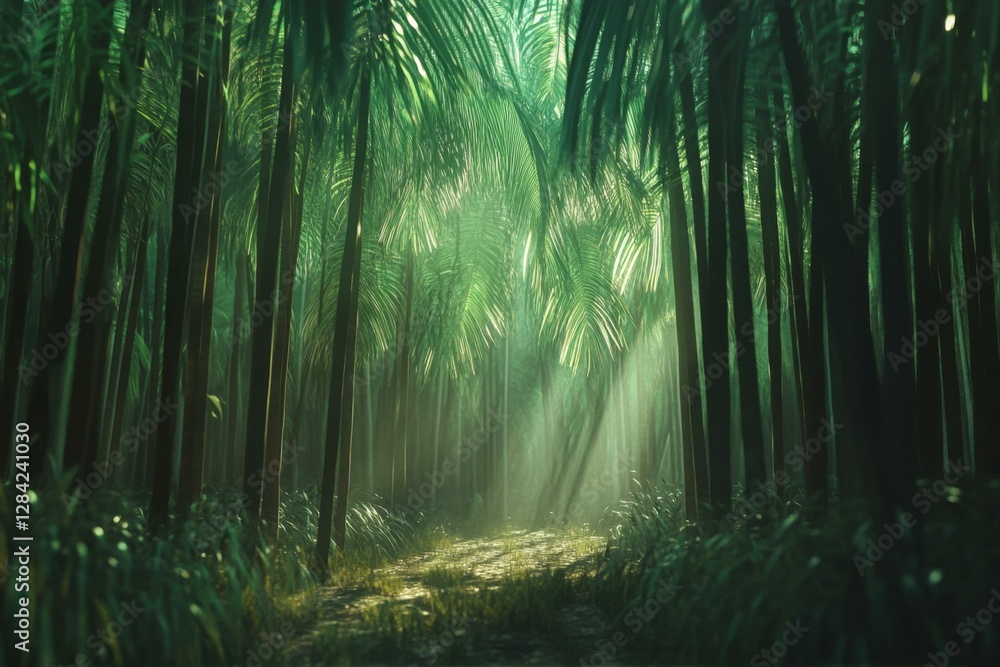 Obraz premium Ethereal Sunlight Filtering Through Palm Tree Grove in a Lush Green Forest Clearing Dreamscape