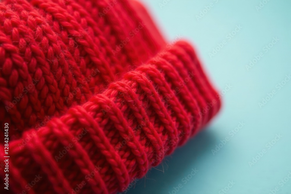 Close-up of textured red knitted cap, showing stitch detail, clothing, crochet, beanie Close-up of textured red knitted cap, showing stitch detail, clothing, crochet, beanie