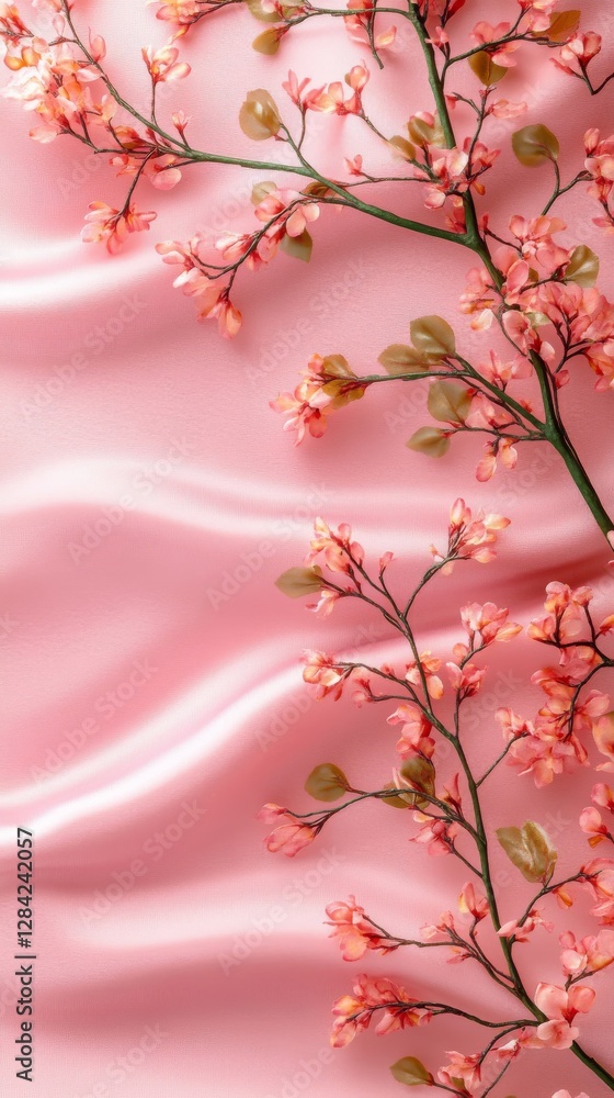 Fototapeta premium Delicate Pink Blossoms on Silk Fabric