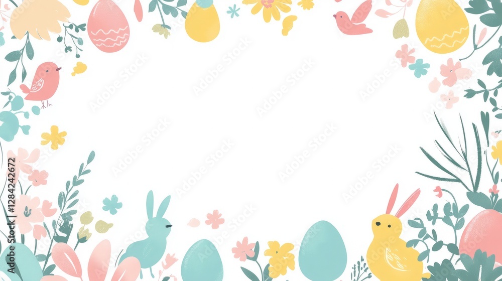 Colorful Easter-themed frame with flowers, eggs, and cute animals creating a festive atmosphere for spring celebrations, perfect for invitations and greeting cards, spring concept Colorful Easter-themed frame with flowers, eggs, and cute animals creating a festive atmosphere for spring celebrations, perfect for invitations and greeting cards, spring concept