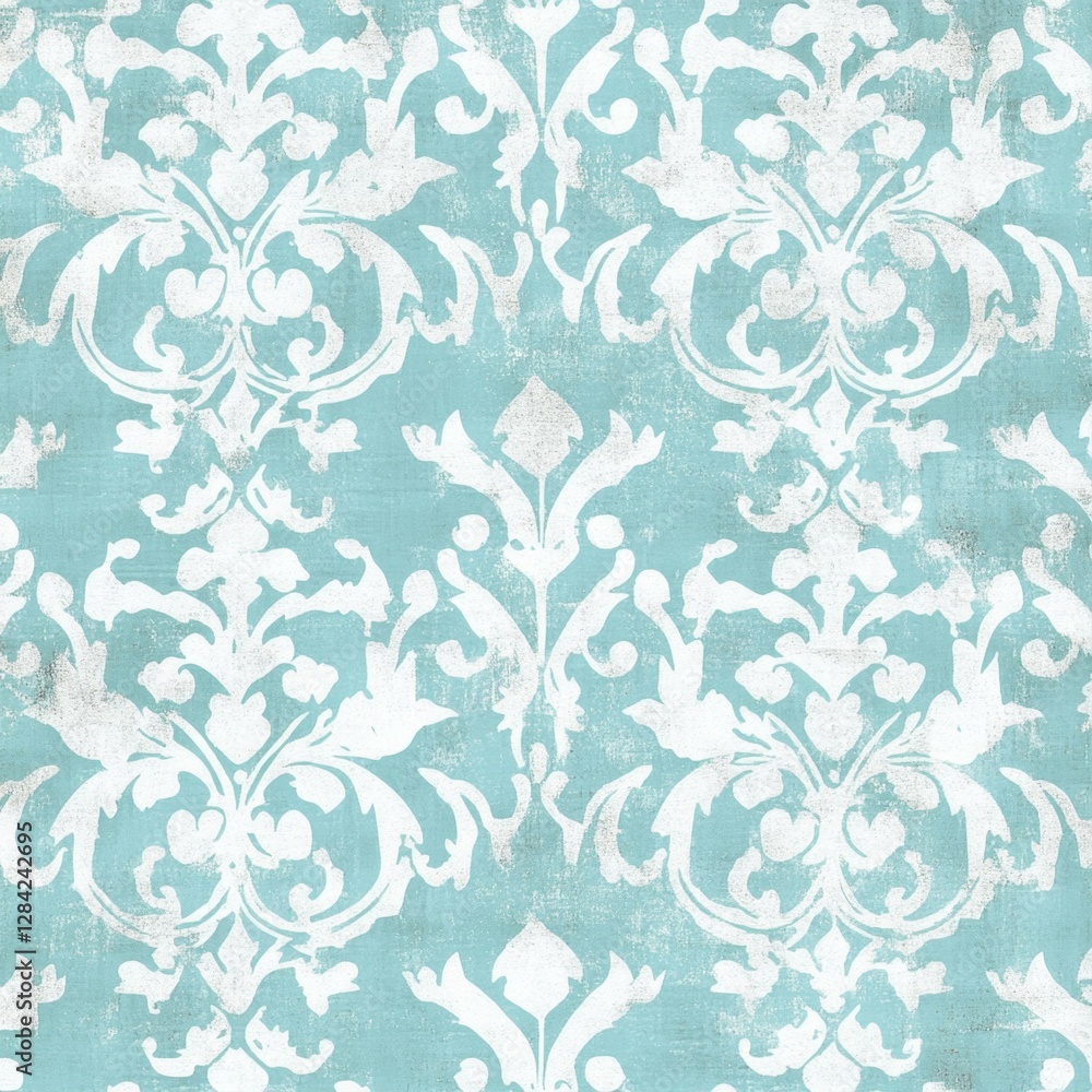 Ornamented Damask Pattern in Pale Turquoise and White Decorative Design for Elegant Surface Ornamented Damask Pattern in Pale Turquoise and White Decorative Design for Elegant Surface