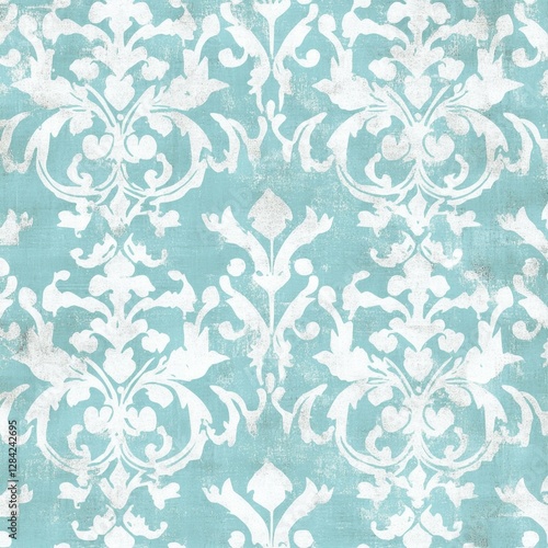 Ornamented Damask Pattern in Pale Turquoise and White Decorative Design for Elegant Surface