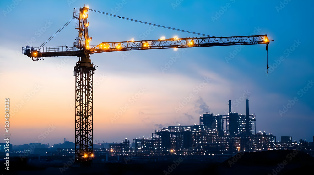 Silhouette Of A Construction Crane With Illuminated Lights At Dusk Against A Blue And Orange Sky Silhouette Of A Construction Crane With Illuminated Lights At Dusk Against A Blue And Orange Sky