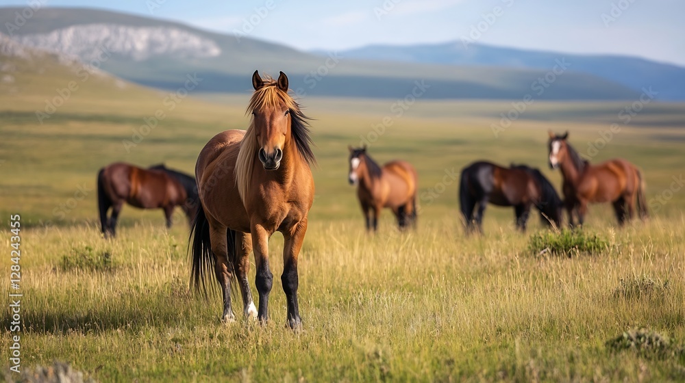 Obraz premium Majestic herd of horses grazing in a sunny field with a clear blue sky in the background : Generative AI