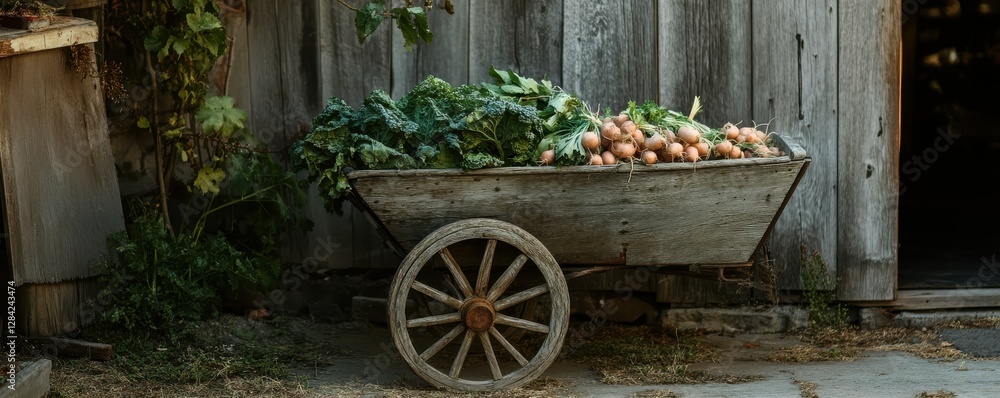Obraz premium Rustic wooden cart with fresh vegetables in countryside setting