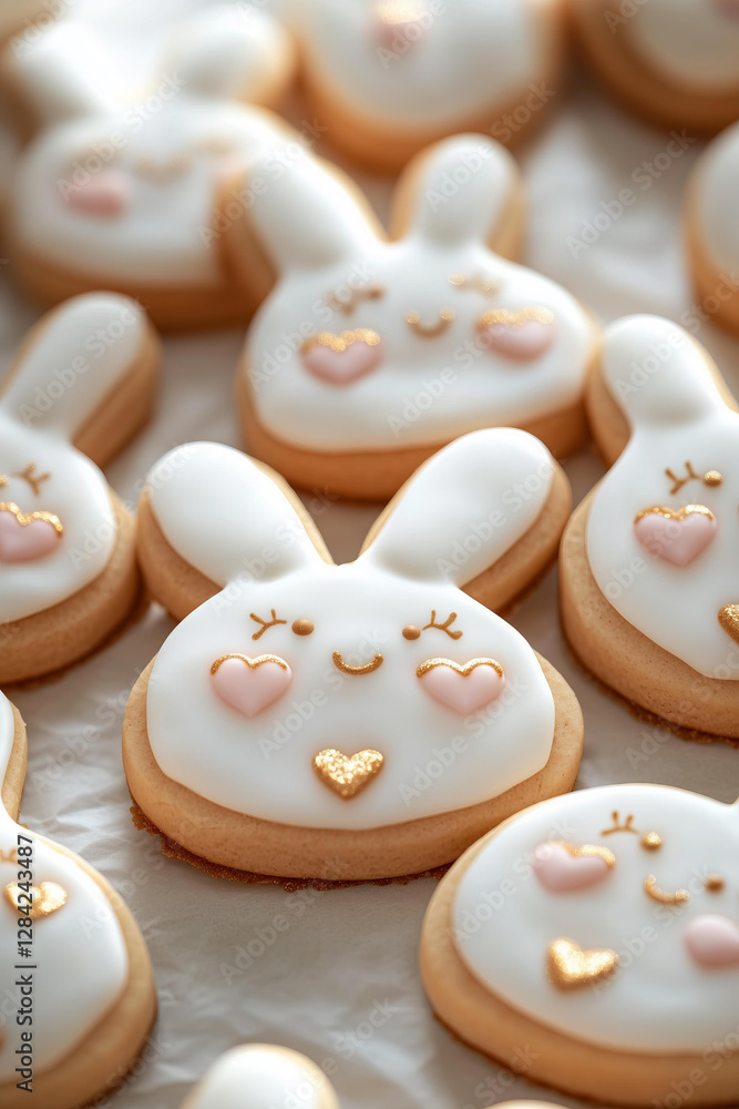 Fototapeta premium Close-up photo of adorable bunny-shaped sugar cookies decorated with smooth white royal icing. Each cookie features delicate pink details on the ears and small heart-shaped blush marks on the cheeks 