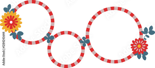 Illustration de 3 cadres ronds entrelacés avec fleurs et feuilles