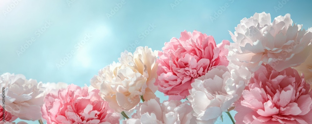 Vibrant pink and white peonies against a clear blue sky Vibrant pink and white peonies against a clear blue sky