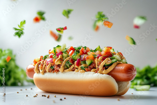 Hot dog in motion with flying layers of toppings and fresh vegetables photo