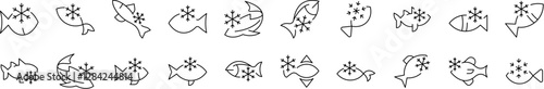 Frozen Fish Line Icon Set. Outline Signs for Graphic and Web Design, Apps, Adverts, Various Cards