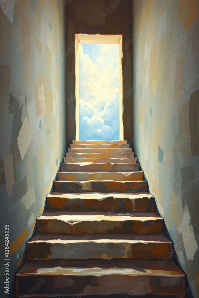 Obraz premium Ascending steps lead to an open doorway, revealing a bright sky with fluffy white clouds above.