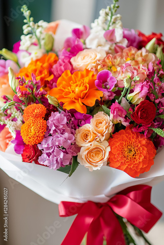 Close-up photo of a luxurious, vibrant bouquet of fresh flowers, featuring a harmonious mix of peach roses, white lisianthus, red and yellow petunias, delicate lilac flowers, and soft pink hydrangeas.
