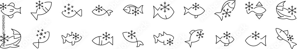 Frozen Fish Line Icon Pack. Outline Signs for Graphic and Web Design, Apps, Adverts, Various Cards Frozen Fish Line Icon Pack. Outline Signs for Graphic and Web Design, Apps, Adverts, Various Cards