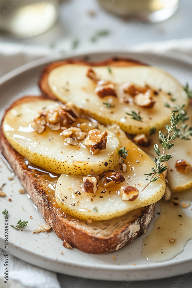 Close-up photo of a gourmet pear and cheese toast, featuring a thick slice of rustic, crispy bread topped with melted creamy cheese Close-up photo of a gourmet pear and cheese toast, featuring a thick slice of rustic, crispy bread topped with melted creamy cheese