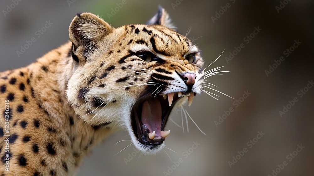 Fototapeta premium Close up of a fierce leopard roaring showcasing its powerful jaws and vibrant fur patterns : Generative AI