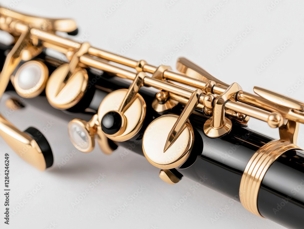 Fototapeta premium Detailed closeup of an elegant flute showcasing intricate key mechanisms in polished gold and black finish