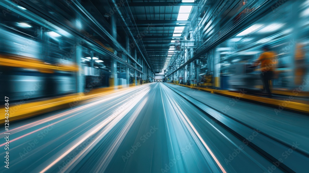 Blurred motion in modern industrial warehouse with dynamic perspective Blurred motion in modern industrial warehouse with dynamic perspective