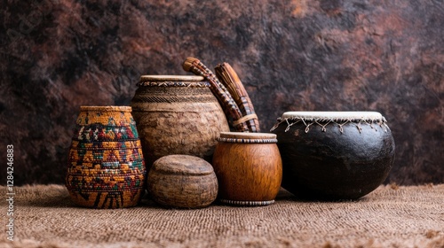 Wallpaper Mural Traditional African drums and containers on burlap Torontodigital.ca