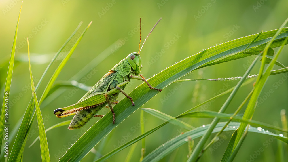 Green grasshopper sitting on rice leaf Green grasshopper sitting on rice leaf