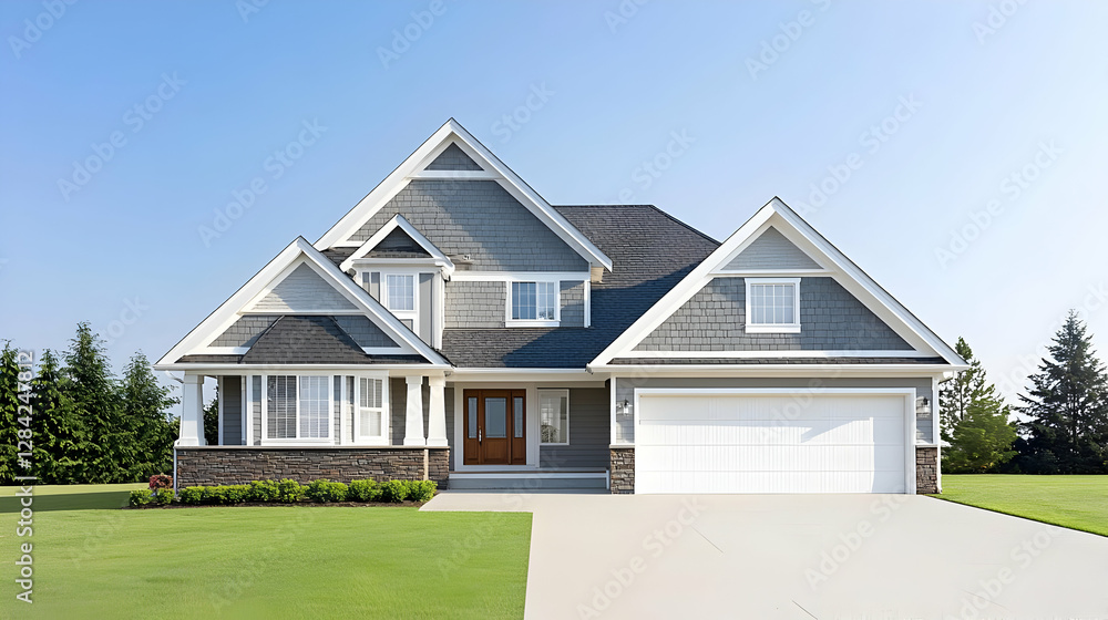 Architectural Exterior Of A Modern Two Story House With Gray Siding And White Trim In Daylight Architectural Exterior Of A Modern Two Story House With Gray Siding And White Trim In Daylight