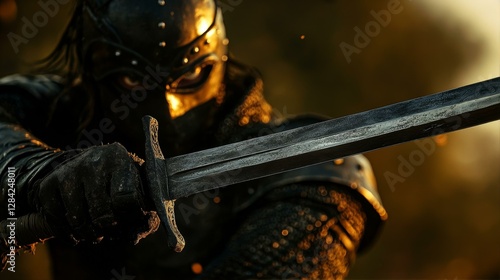 Armored Knight with Sword Prepared for a Duel in a Dramatic Lighting Setting Medieval Era