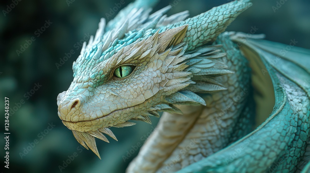 Detailed close-up of a mythical blue dragon with scales and sharp features Detailed close-up of a mythical blue dragon with scales and sharp features