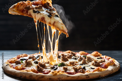 Dynamic shot: pizza with melting cheese and pieces of toppings in the air photo