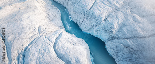 Aerial view of a glacier with a river flowing through, showing the stunning contrast between the ice and the blue water, symbolizing the beauty and power of nature. Top View photo