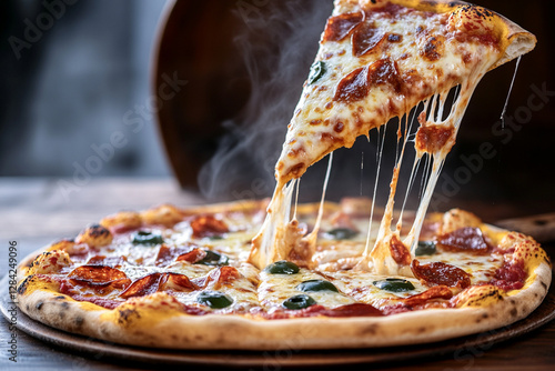 Dynamic shot: pizza with melting cheese and pieces of toppings in the air photo