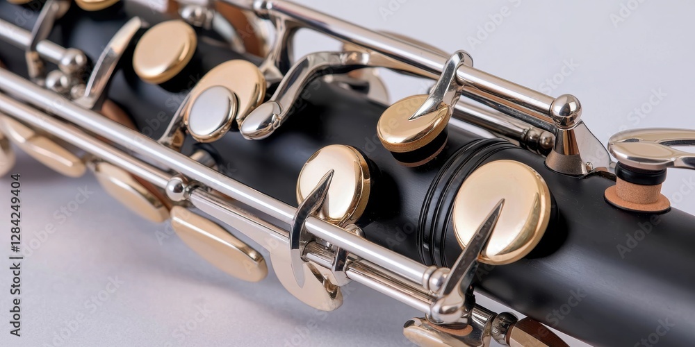 Obraz premium Closeup of an elegant woodwind instrument showing detailed keys and finely crafted metalwork in gleaming finish
