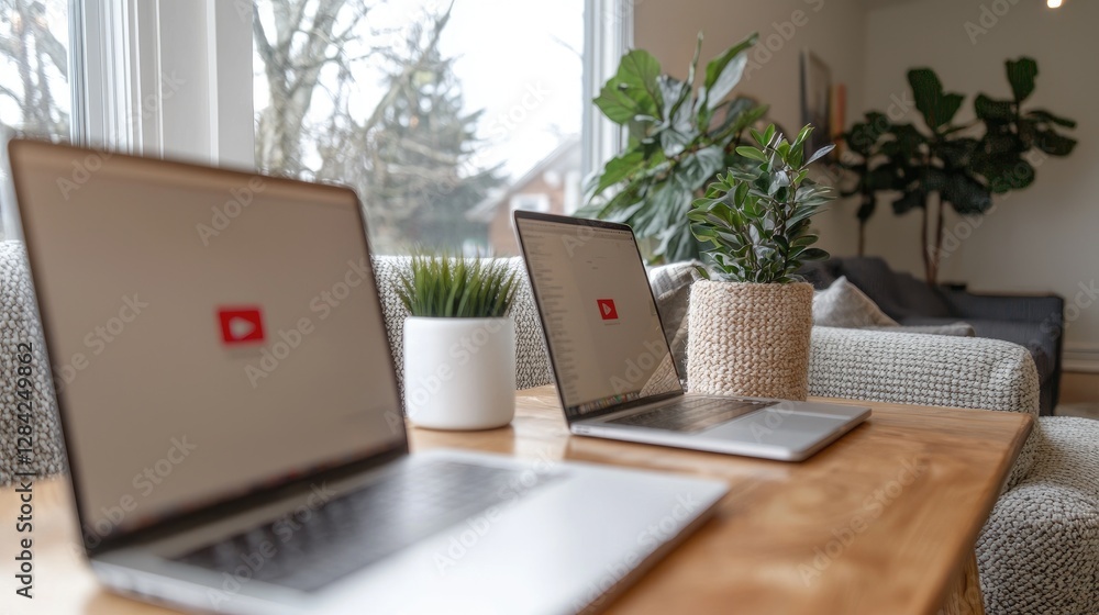 Modern home office with laptops, plants, and window view. Possible use Stock photo for design inspiration, interior design resources Modern home office with laptops, plants, and window view. Possible use Stock photo for design inspiration, interior design resources