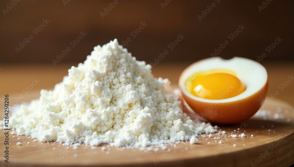 Pile of white flour next to cracked egg on wooden cutting board , food, ingredients Pile of white flour next to cracked egg on wooden cutting board , food, ingredients